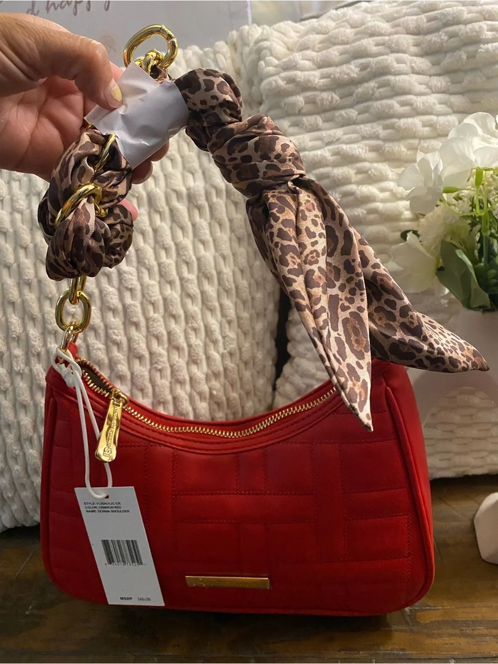 Jessica Simpson Red Quilted Shoulder Bag with Leopard Scarf Handle